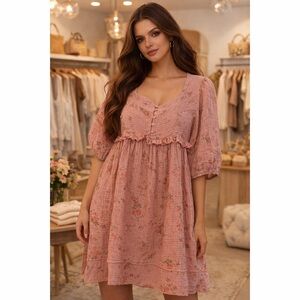 Easel Gauze Oversized Dusty Rose Floral Print Button Front Dress